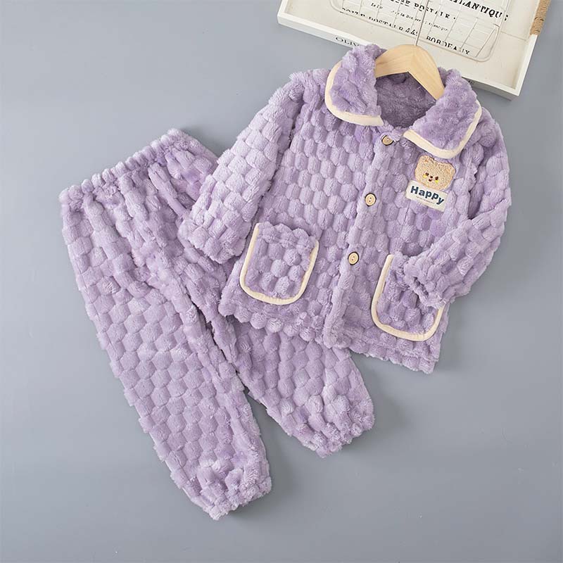 儿童秋冬季睡衣女童女孩珊瑚绒加绒套装男孩法兰绒中大童家居服