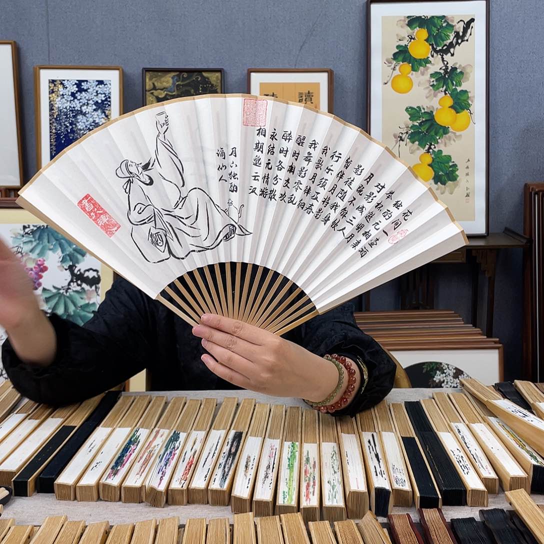 国画95寸玉竹-纯手绘-文玩扇骨（默认粘好）月下独酌