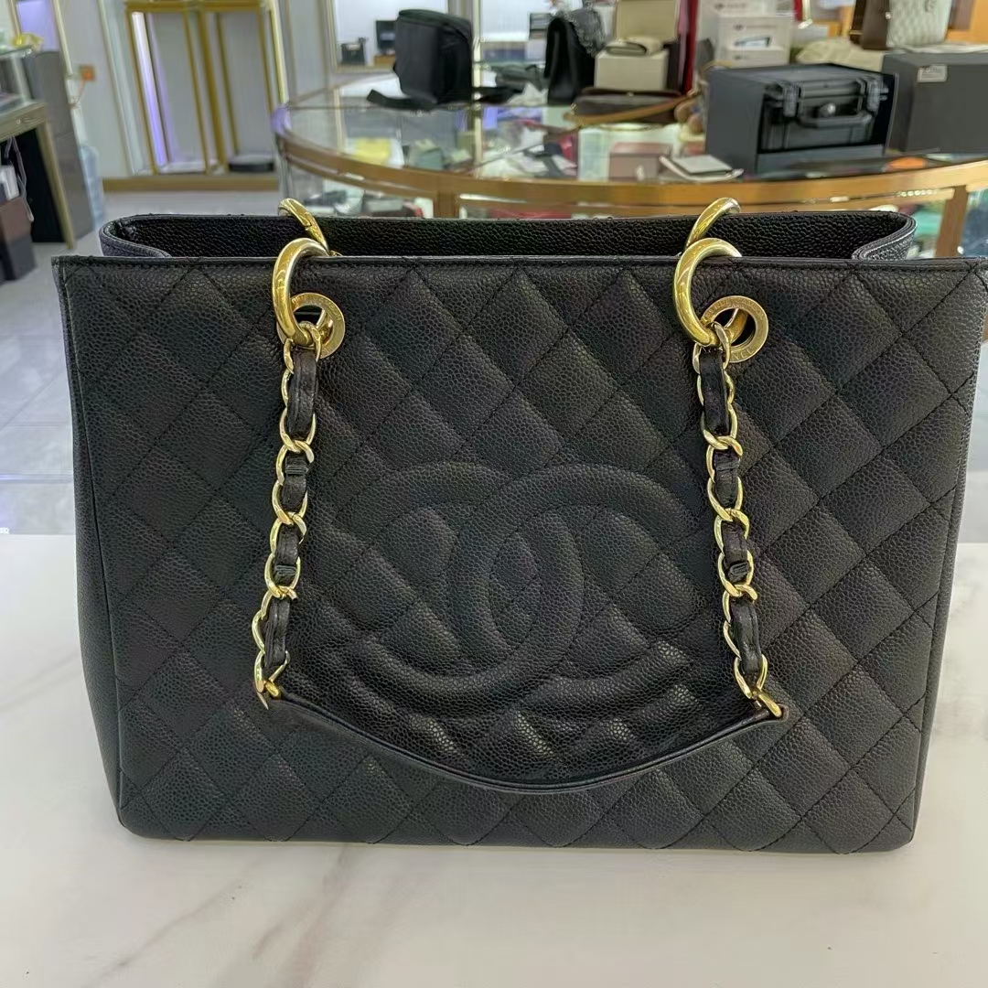 99新 Chanel/香奈儿 黑金荔枝纹牛皮GST托特包
