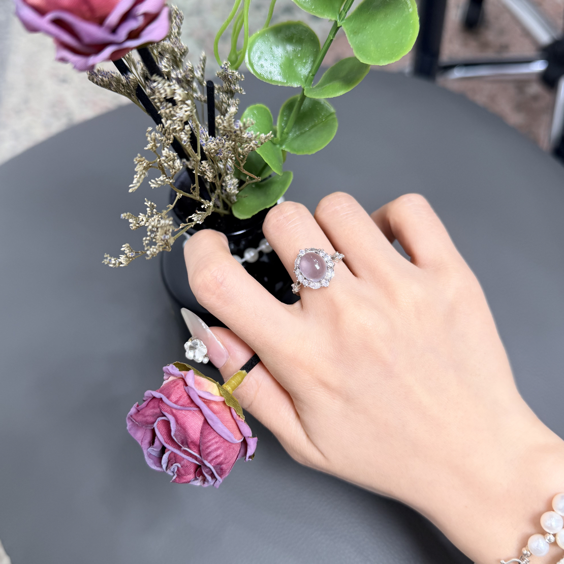 天然萤石繁花款925银镶嵌开口可调节时尚百搭戒指