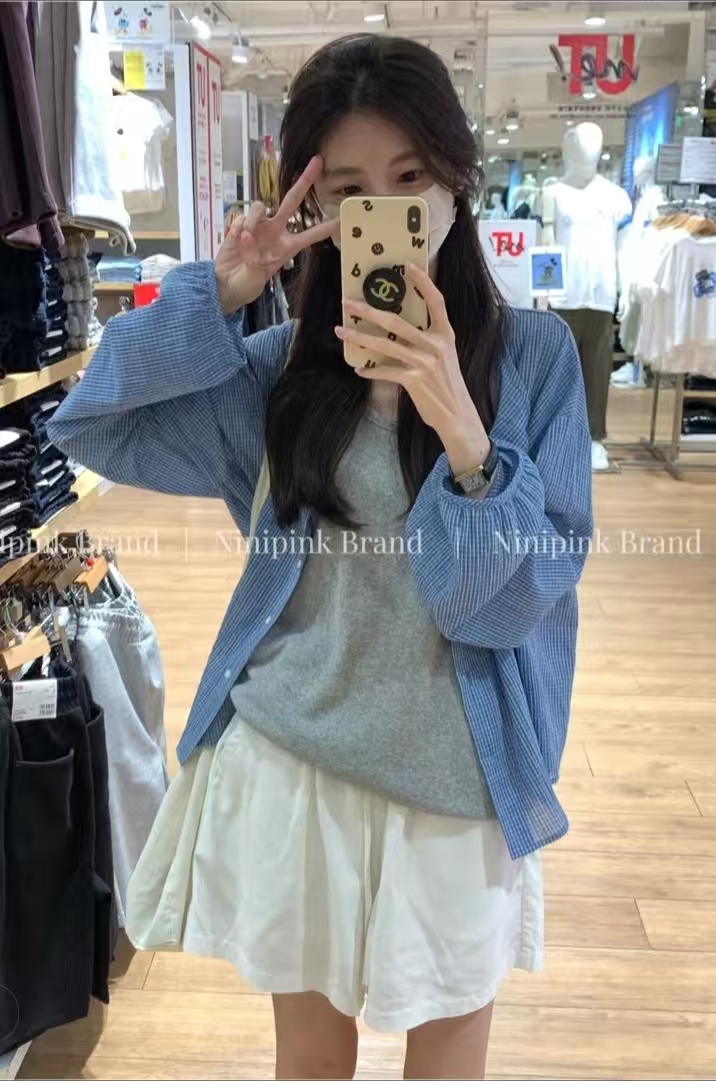 【Lili&Yi】春夏新款慵懒假日韩系格子衬衫百搭慵懒风防晒衫韩版