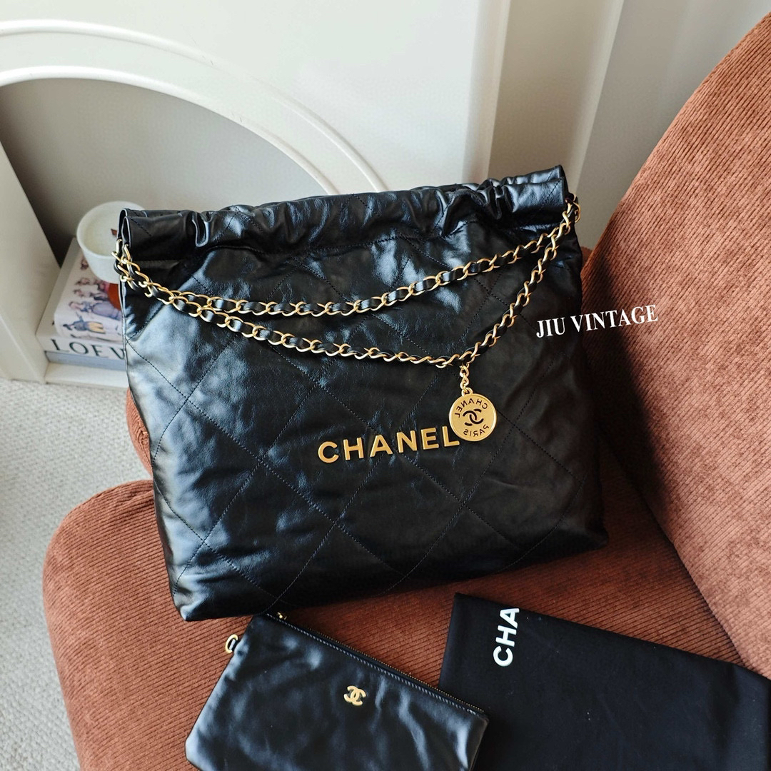 99新 Chanel/香奈儿 黑金中号22bag芯片单肩包BJM2-7336