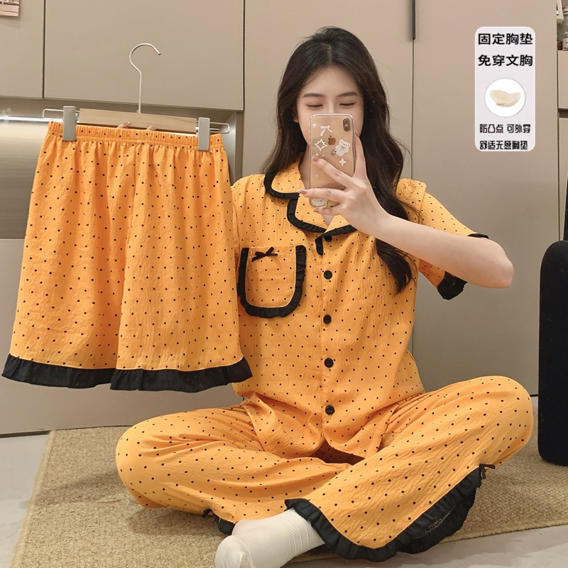 鹅黄波点三件套带胸垫蕾丝花边甜美贵气睡衣女夏季短袖家居服套装