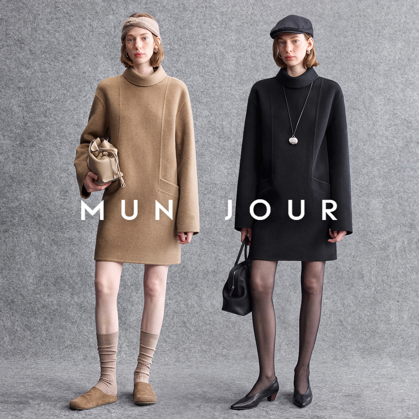 蓬松绒感双面呢羊驼毛羊毛 篙智时髦ROW风直筒可翻折高领连衣裙