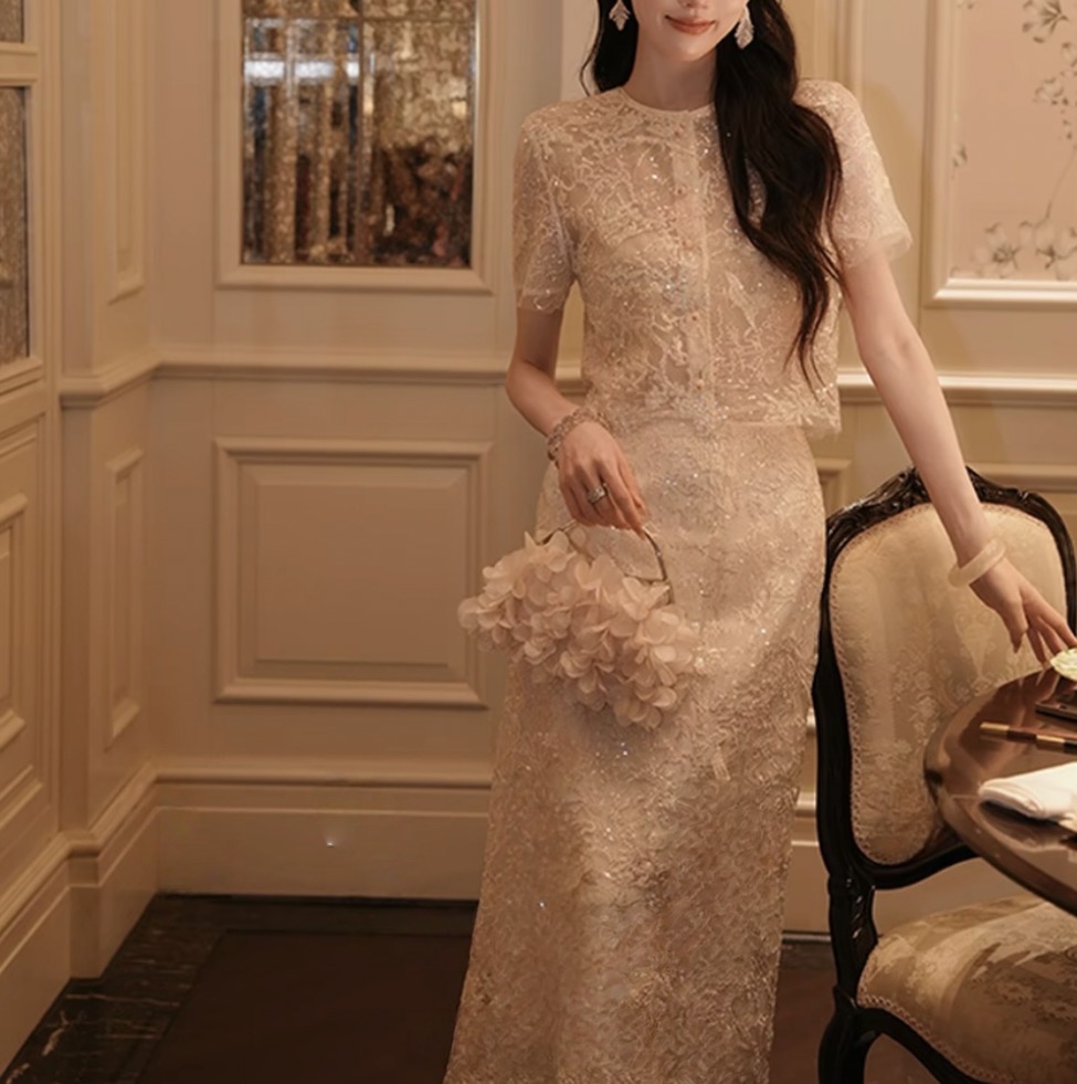 【仙灵醉】静奢重工珠片蕾丝外套+半裙套装