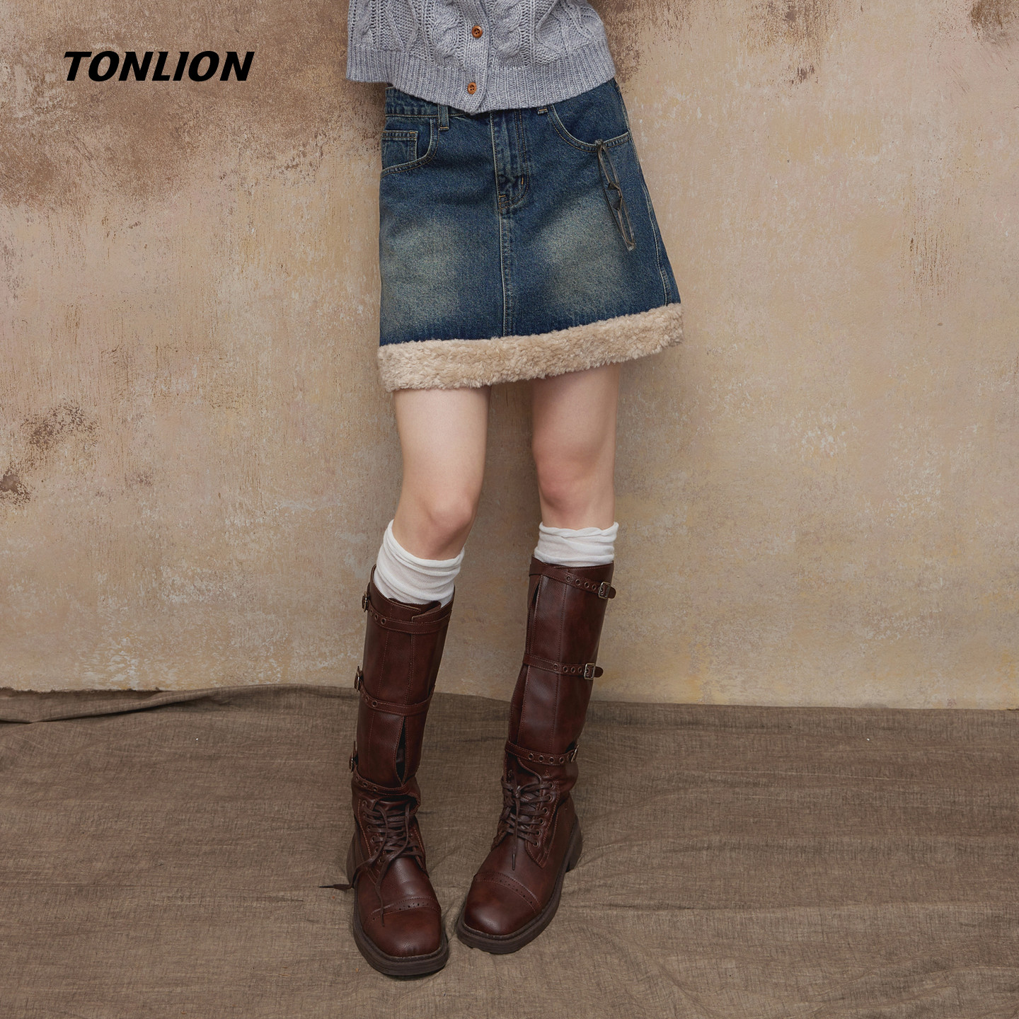 TONLION唐狮25半身裙女秋冬高级感小个子直筒裙拼接牛仔半身短裙