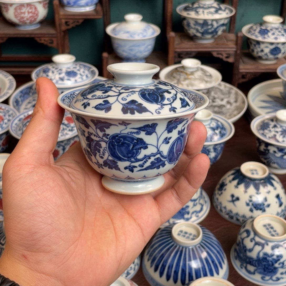 青花西瓜元宝盖碗