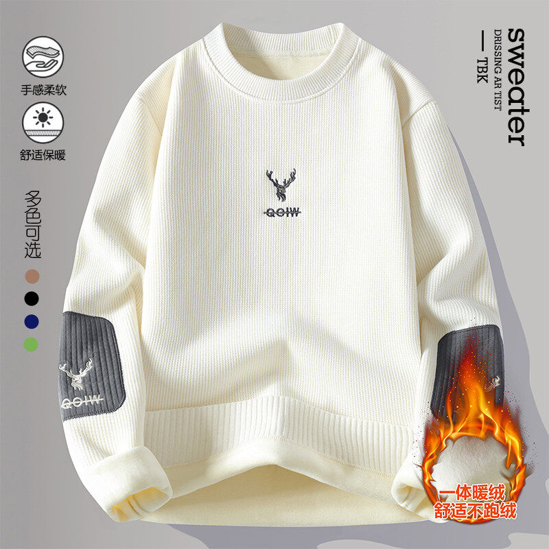 2024冬季男士一体绒时尚加绒加厚贴布款毛衣舒适保暖针织衫潮R386