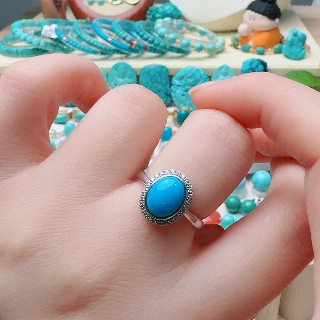 绿松石银S925镶嵌高瓷玉化蓝女戒