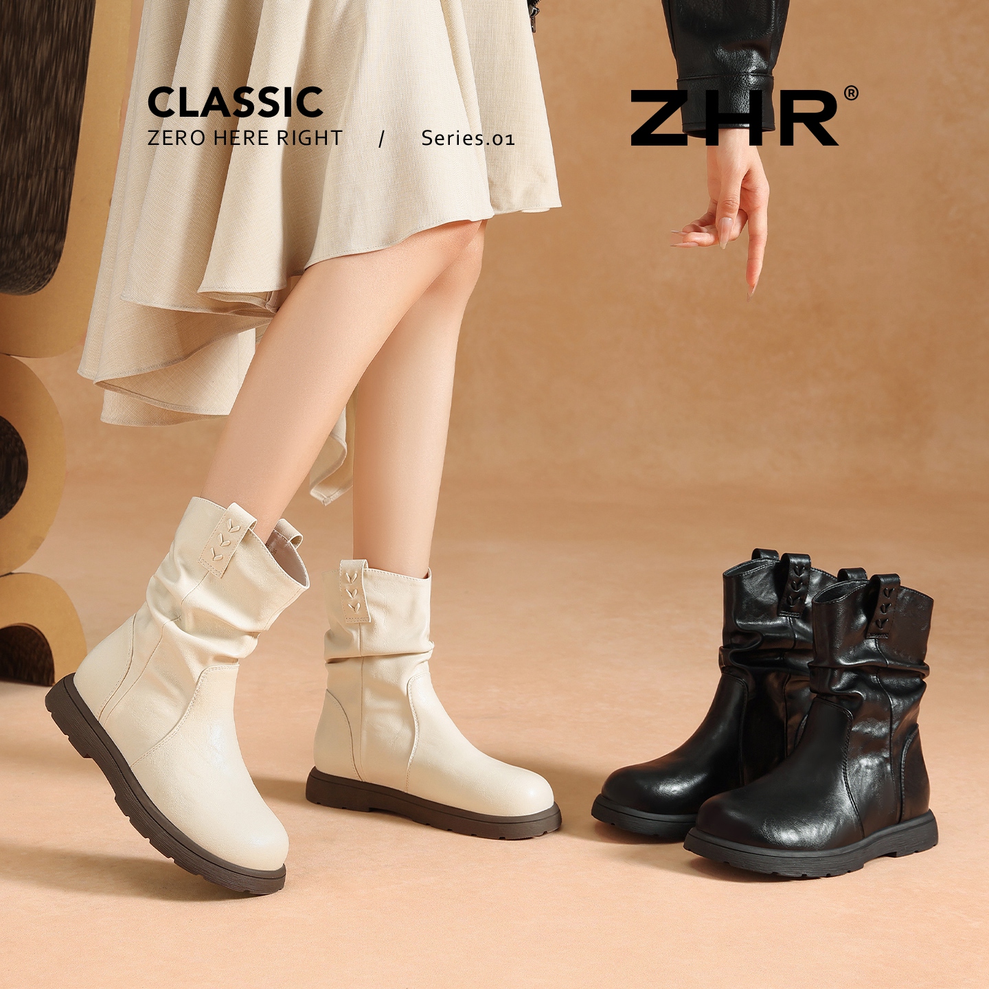 ZHR/则则堆堆靴女鞋秋冬新加绒保暖平底英伦风休闲百搭时装短靴Z