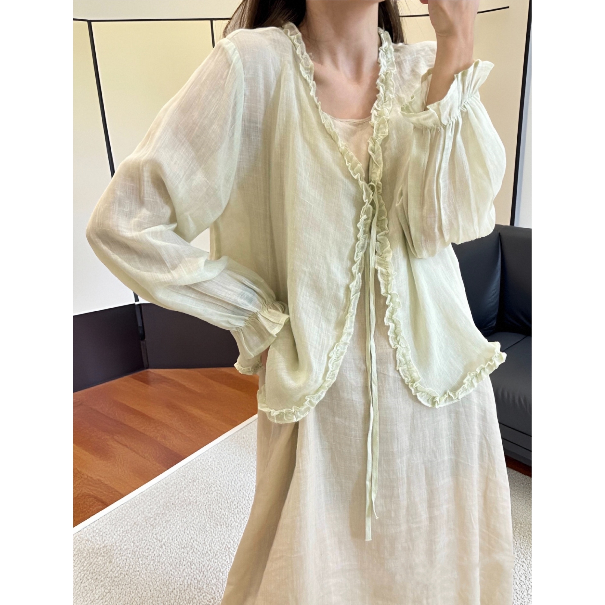 夏日诺桑觉/清纯氧气感苎麻上衣女木耳边开衫