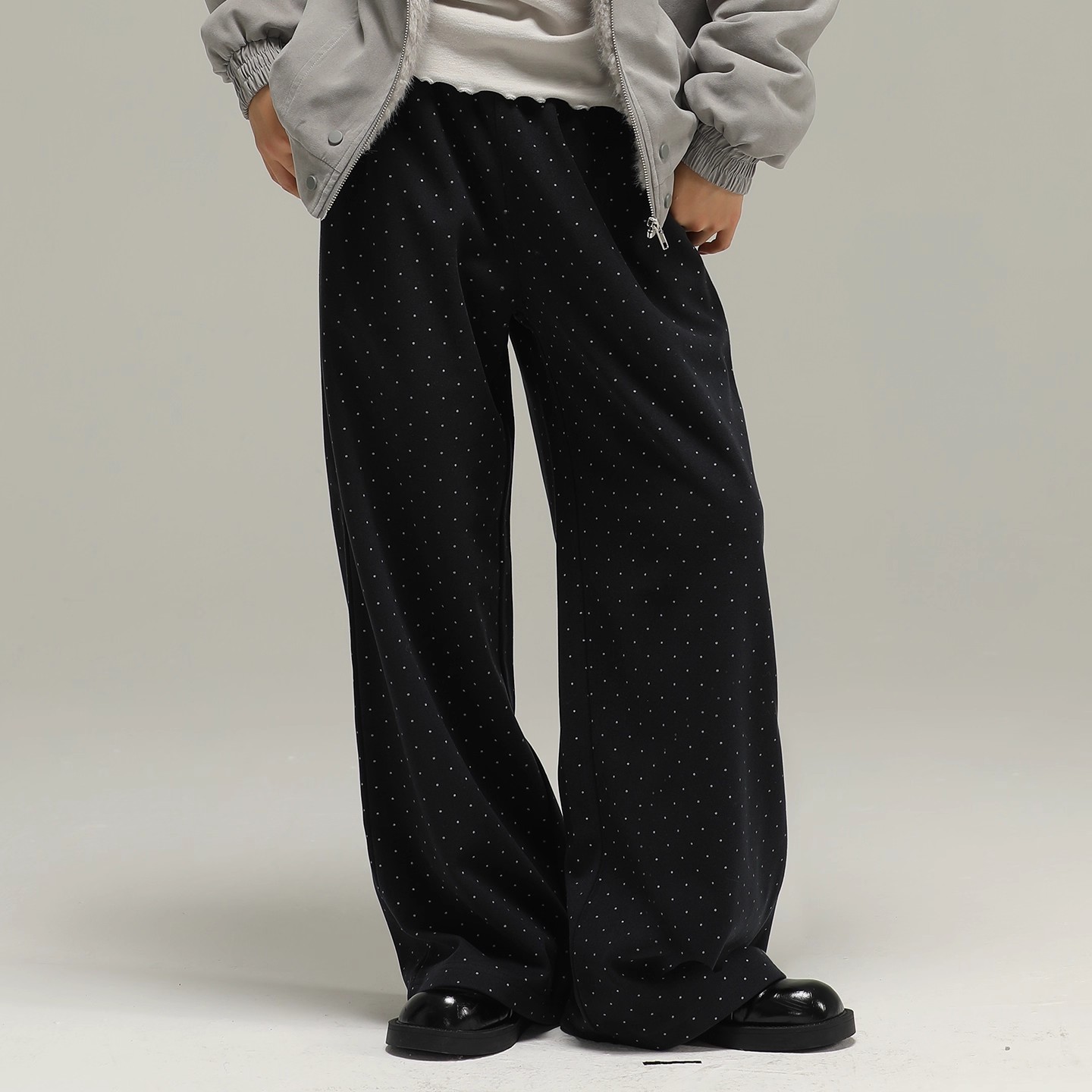 小女森女大童冬季加厚保暖呢子裤韩系波点休闲直筒深蓝高腰长裤