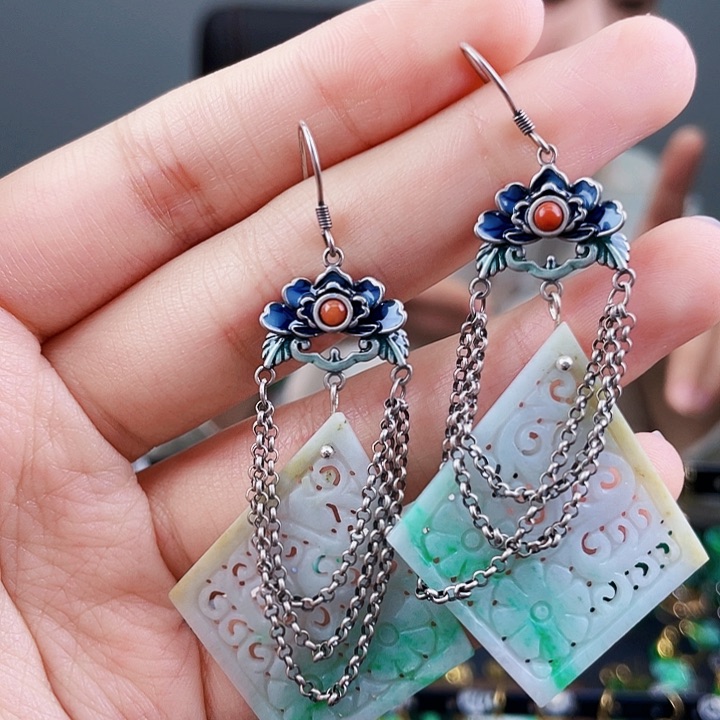 翡翠耳饰银S925镶嵌饰品