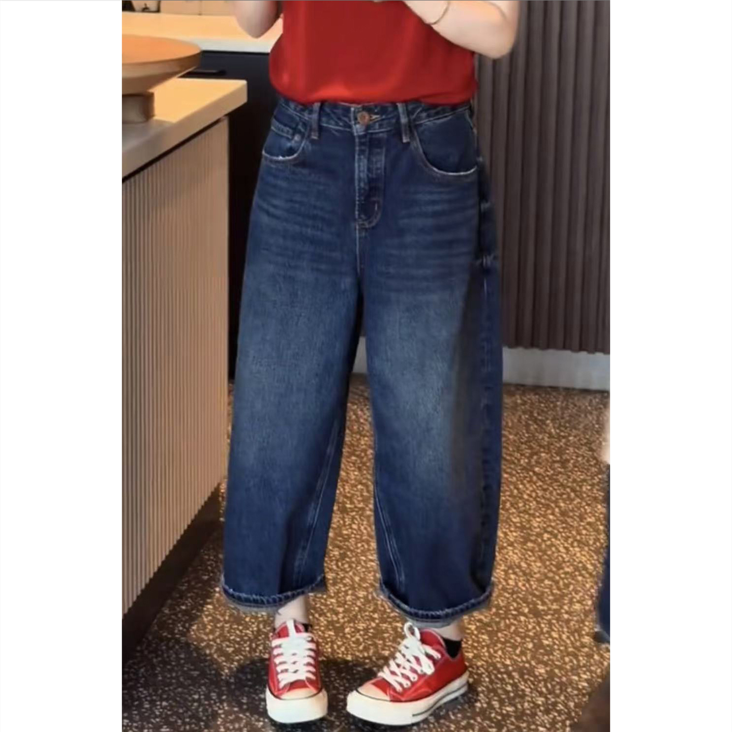 艾塔莉秋冬新款九分阔腿牛仔裤加绒加厚百搭宽松大码胖mm老爹裤女