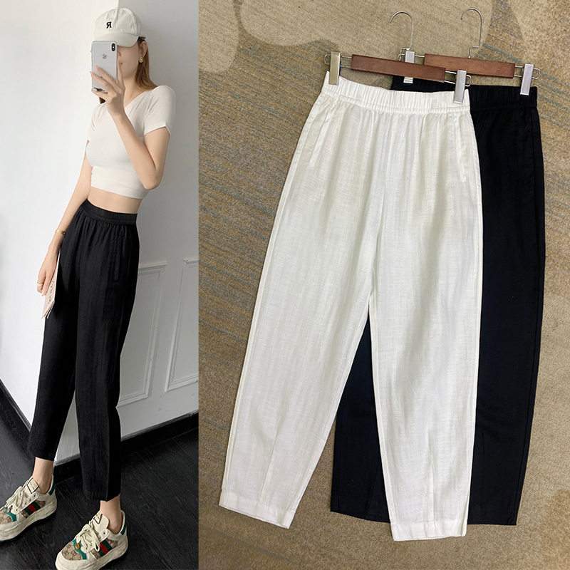 【AOKESI】2025春夏季原创设计时尚百搭松紧腰莱赛尔亚麻九分休闲裤