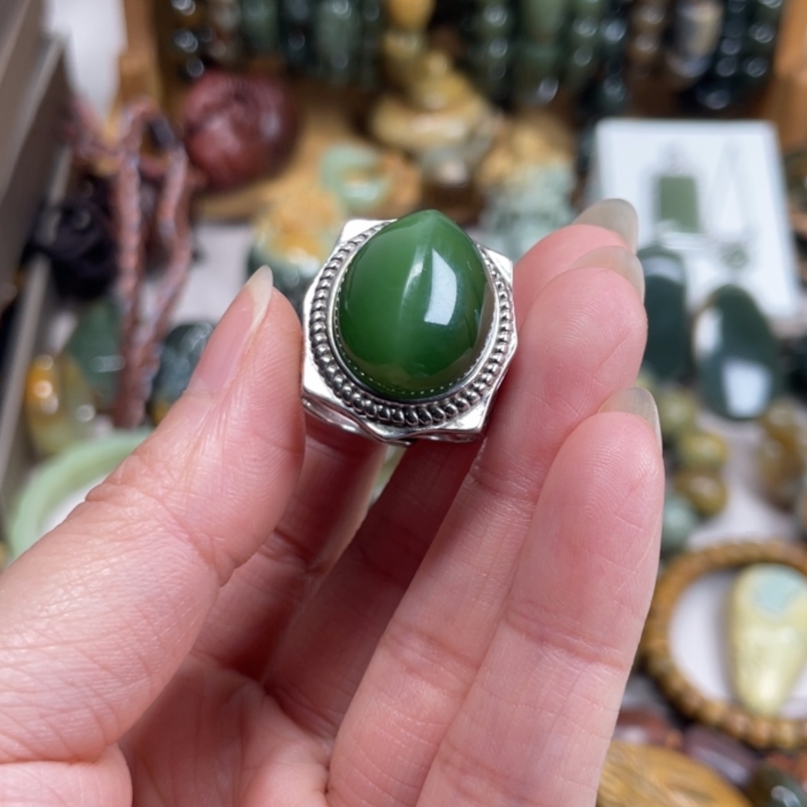 【闪购商品】和田玉（碧玉）戒指银S925镶嵌m**u