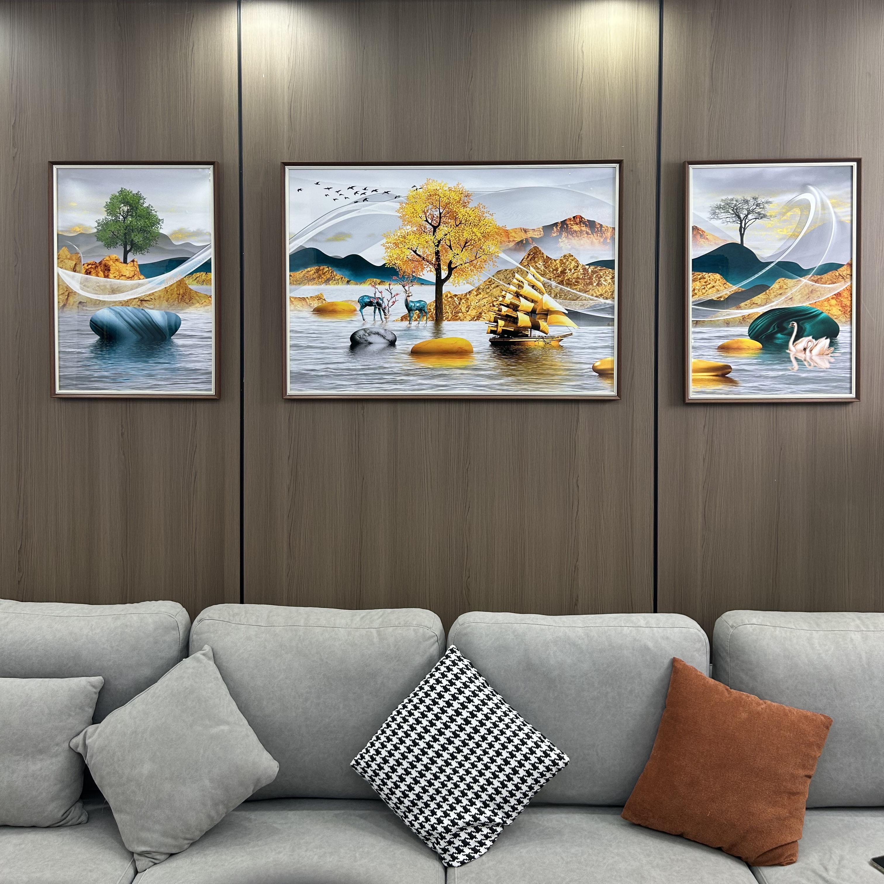 G22【金山富水】经典三联山水客厅背景墙挂画沙发背景装饰画挂画