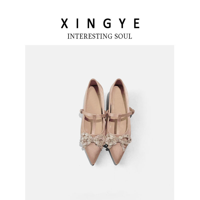 SENYU 内增高9.5cm水钻法式复古尖头浅口单鞋女平底蝴蝶结设计
