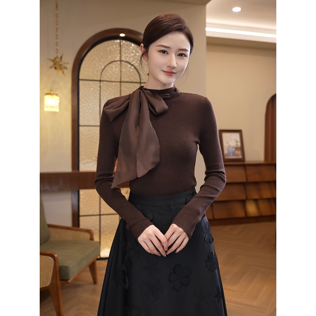 2026年秋冬新款【8494】含绵羊毛蝴蝶结咖色设计师长袖针织衫毛衣