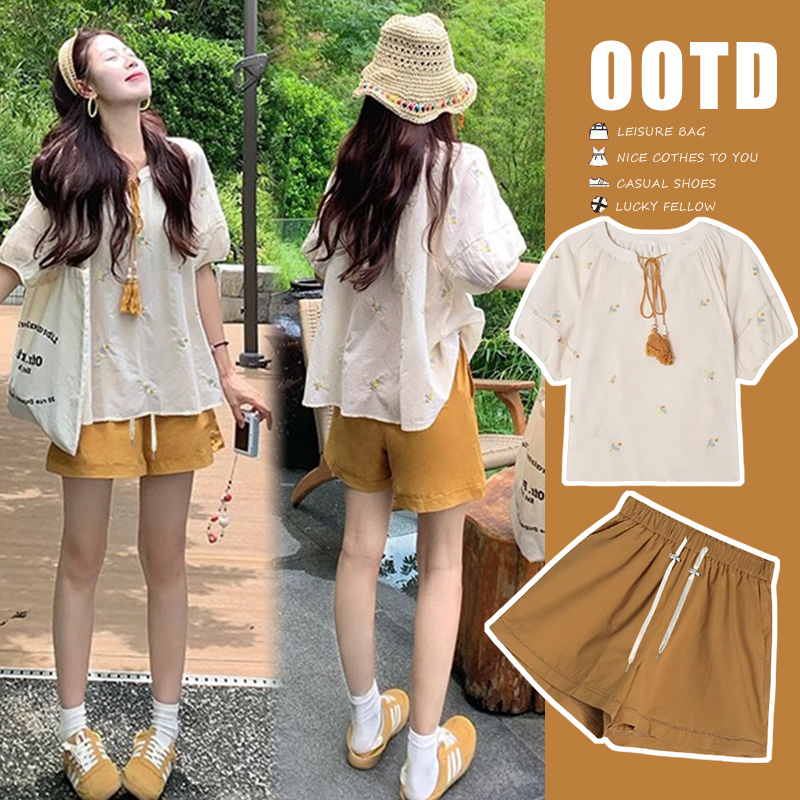 孕妇装夏装套装韩系宽松刺绣孕妇衬衫网红小个子洋气休闲孕妇短裤