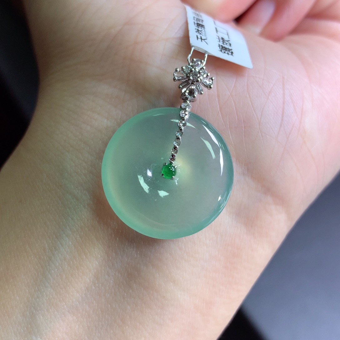 翡翠颈饰18K金镶嵌老坑种冰晴底起胶平安扣吊坠