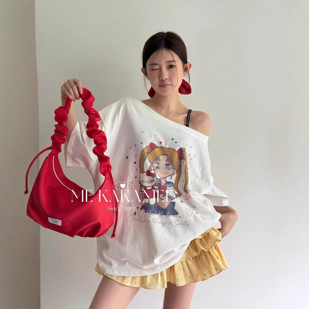 大码胖妹妹可爱喷画少女斜肩短袖T恤高腰公主半身裙两件套25190