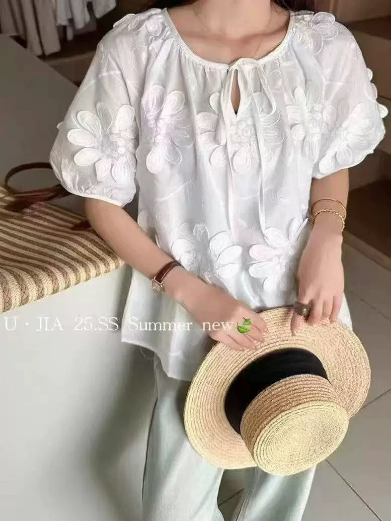 高端欧货夏新款设计感小众立体蝴蝶结系带圆领短袖衬衫洋气上衣女
