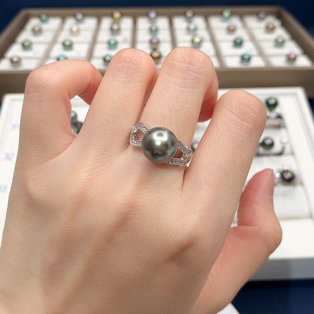 银S925镶嵌戒圈海水珍珠大溪地海岩绿戒指