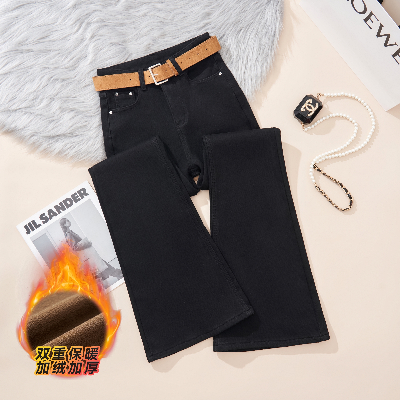 【慕尼黑】秋冬加绒加厚四面弹牛仔裤女高腰修身显瘦提臀喇叭裤1305