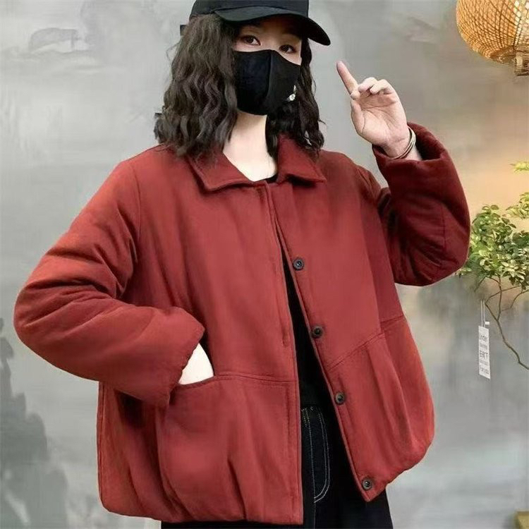 加绒加厚保暖翻领棉服女装冬季新款宽松显瘦百搭夹棉休闲棉衣外套