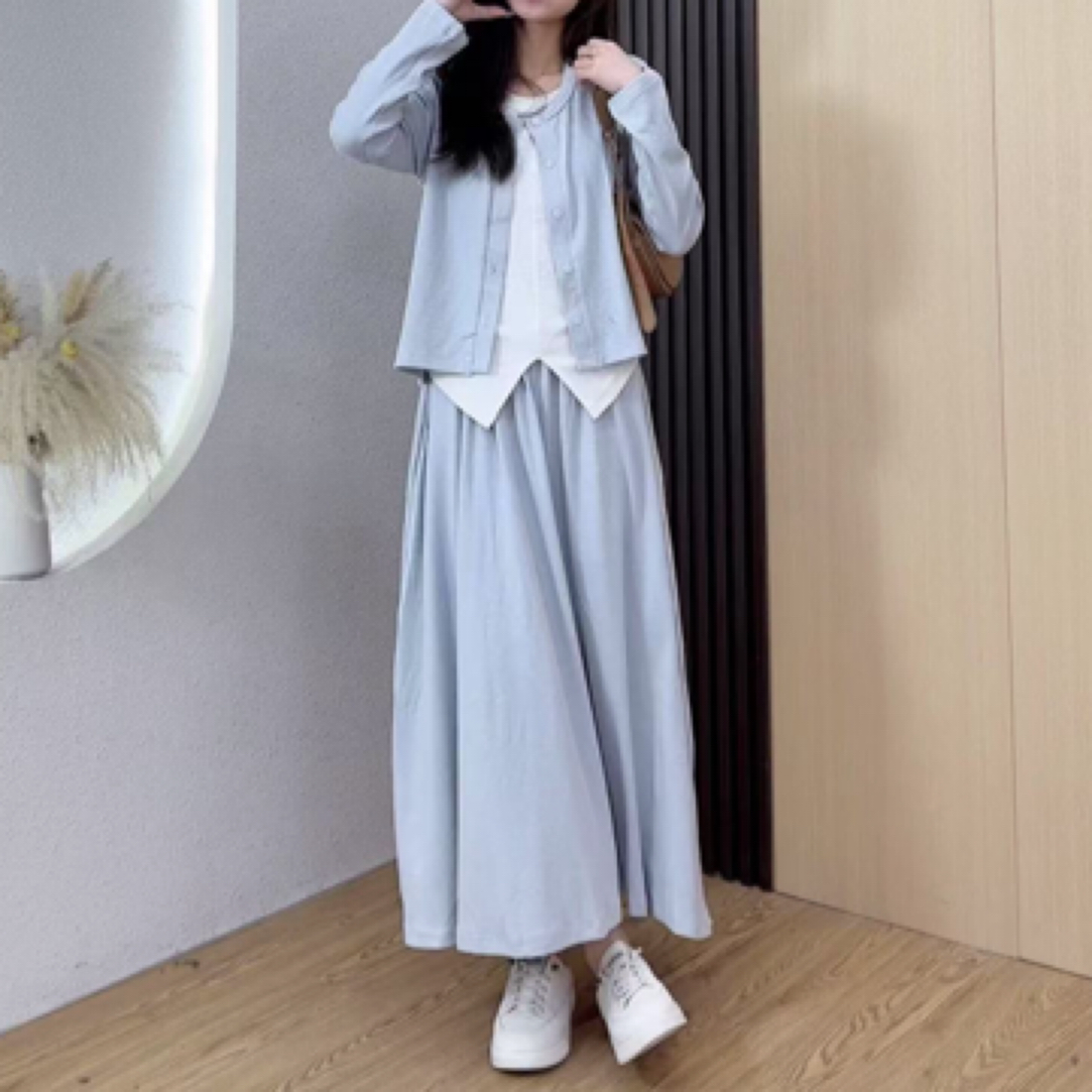 140-158小个子春季韩系慵懒风温柔减龄长袖背心三件套套装