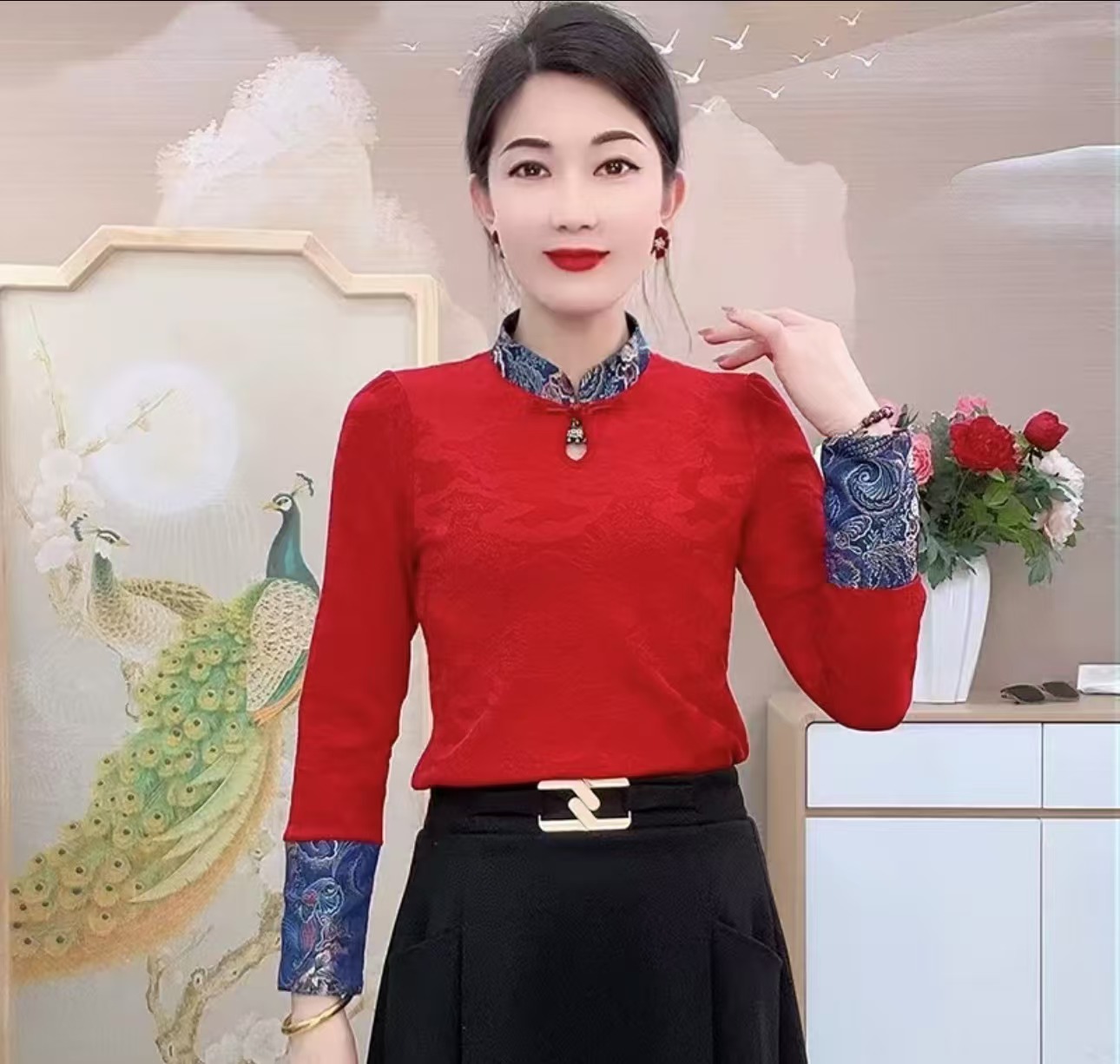 新中式纯色提花修身显瘦气质盘扣上衣复古打底T恤女装打底衫