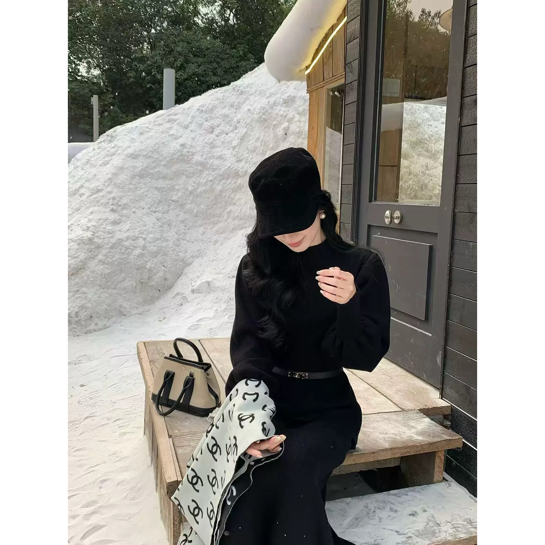 秋冬加厚女新款半高领灯笼袖显瘦收腰气质针织衫上衣+半身裙套装