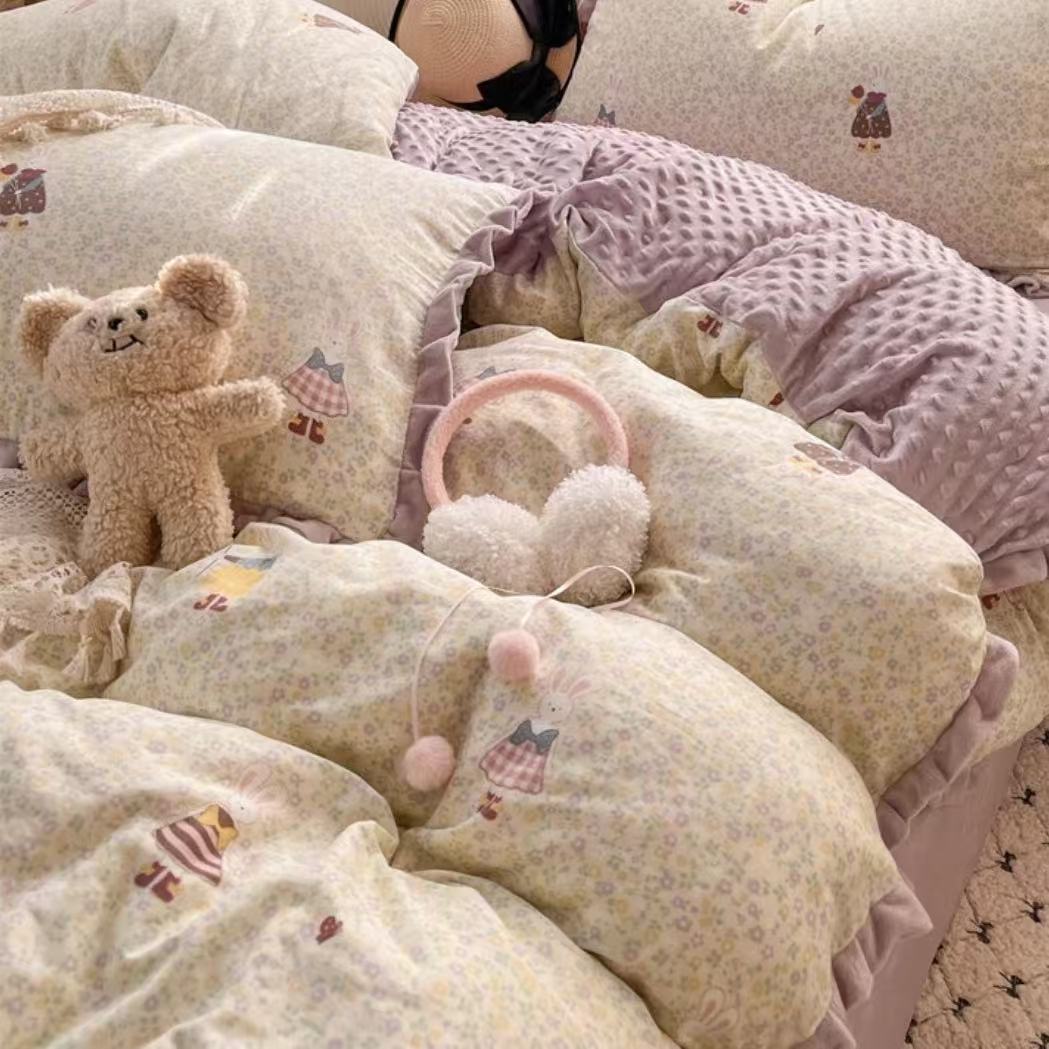 【花语兔豆豆绒四件套】200*230A面水洗棉B面豆豆加绒保暖四件套