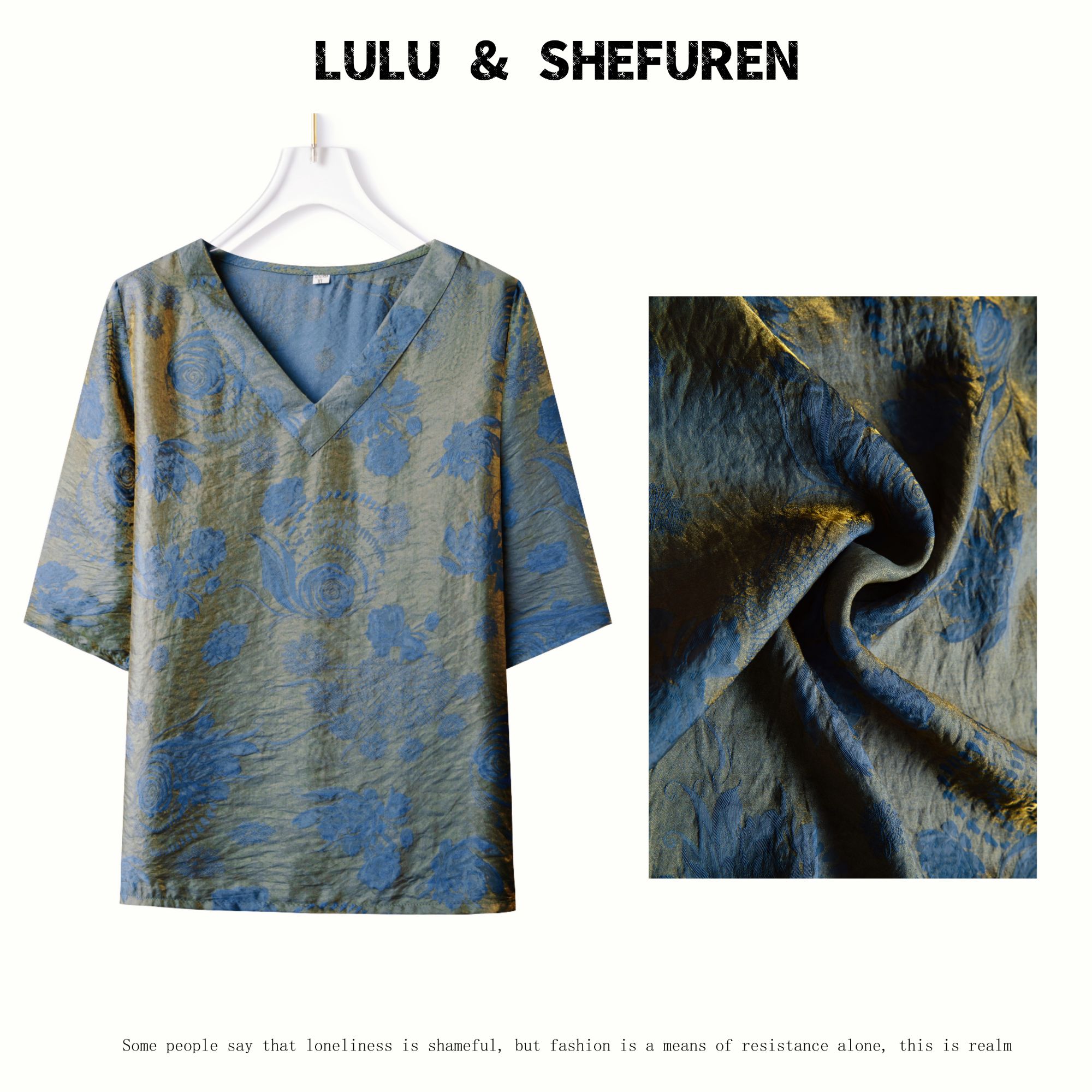 【LULU&SFR】2025夏季新款深邃幽蓝复古鎏金提花气质上衣女装