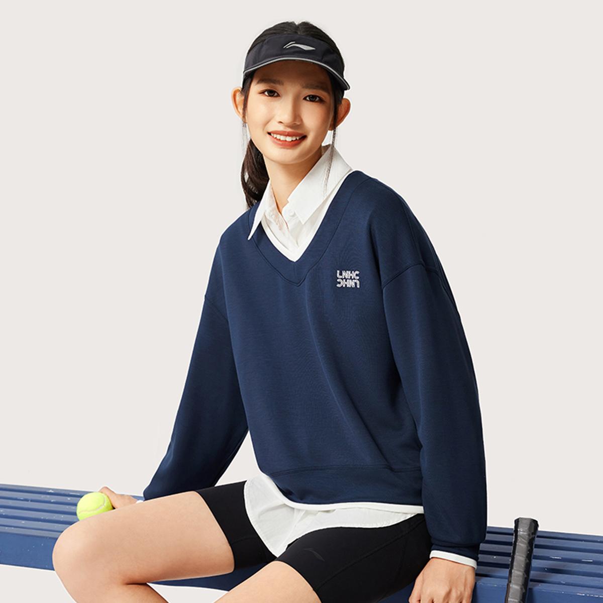 （直播）李宁卫衣运动系列女子舒适休闲V领宽松短款套头上衣AWDV886