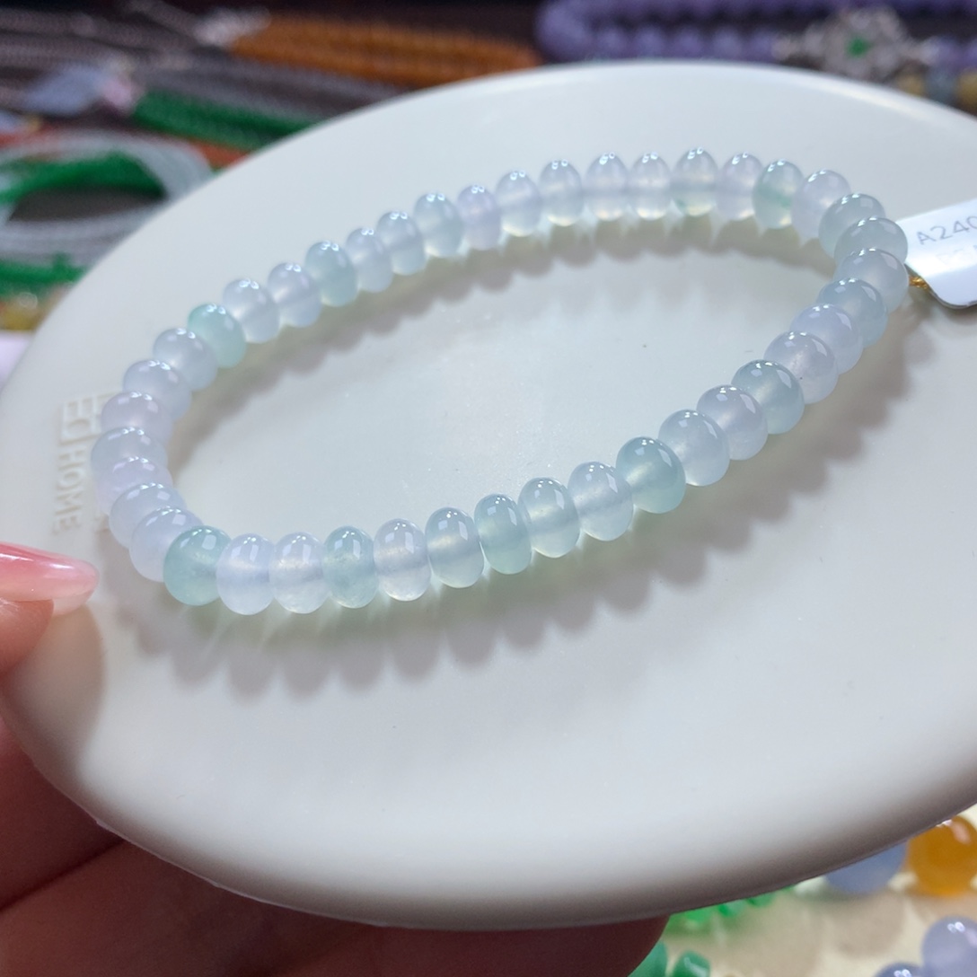 未镶嵌翡翠手链冰胶鼓珠白冰➕薄荷绿卡6.3