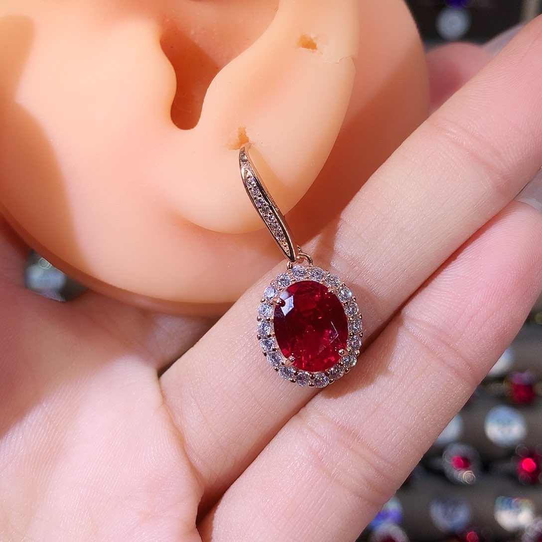 银S925镶嵌耳饰红宝石玫瑰金810