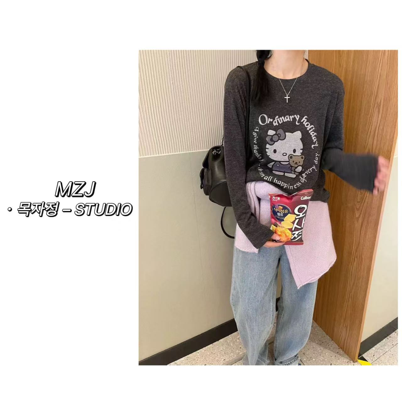 木子静-【小猫碎片 】韩系减龄必备奶呼呼卡通圆领长袖T恤-9158