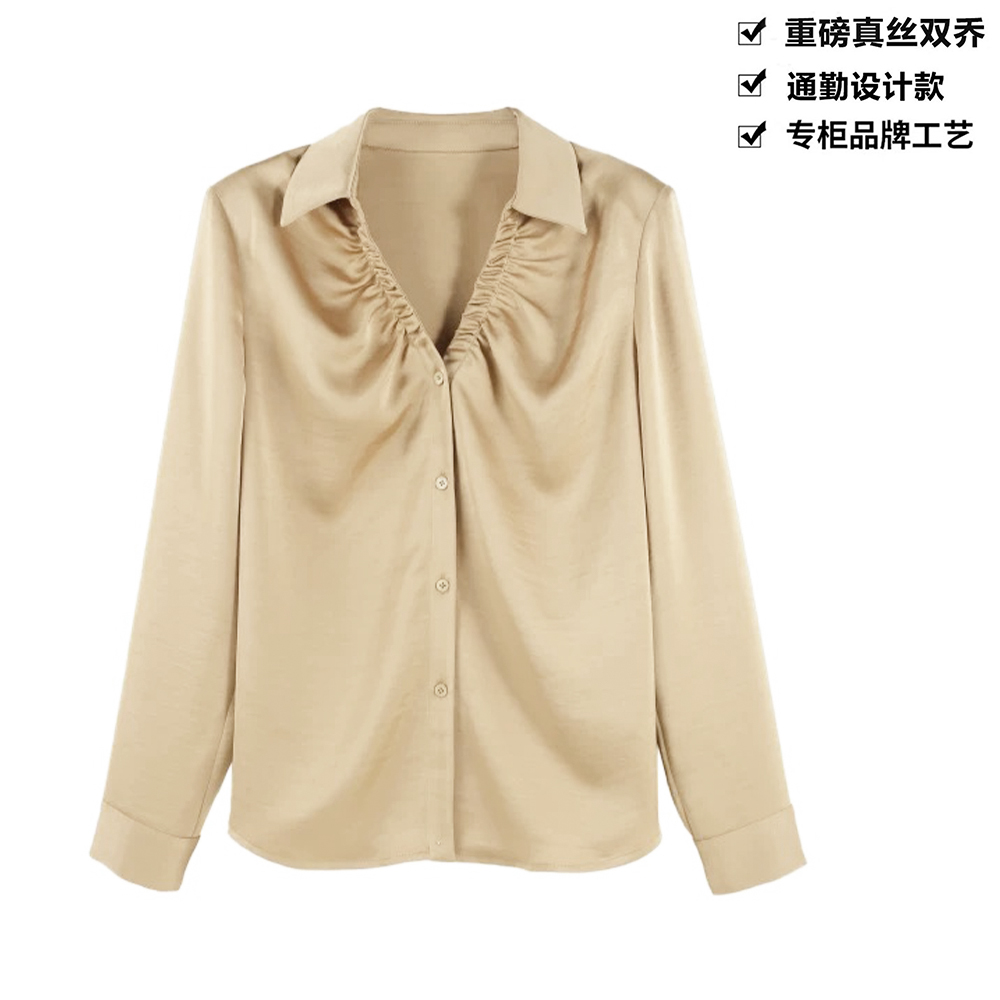 重磅真丝双乔纯色压褶半开领长袖桑蚕丝衬衫上衣ZKD32