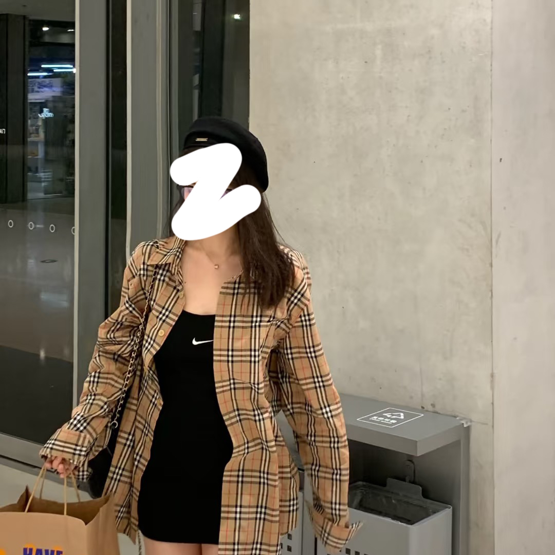99新 BURBERRY/博柏利 001220 经典格纹卡其色棉质长袖衬衫 M码