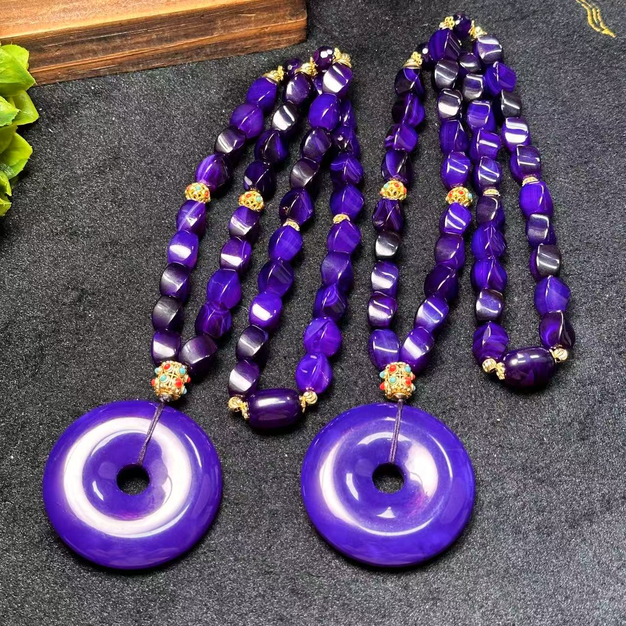 S7871【任会长珠宝】紫藤紫灵芝玛瑙平安扣配珠链-多样性只发一件