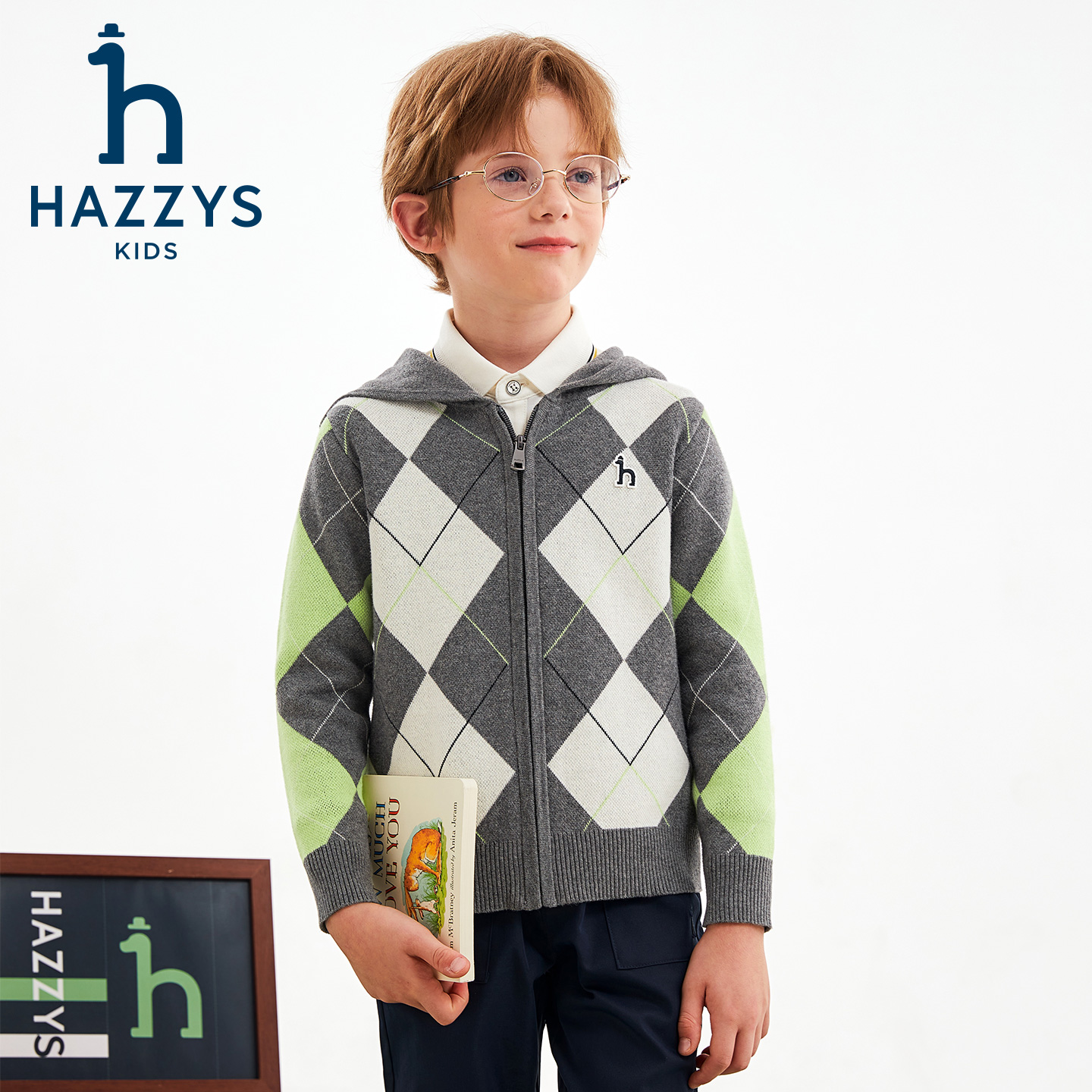 Hazzys/哈吉斯品牌童装男童连帽针织衫外套拼色菱形格子