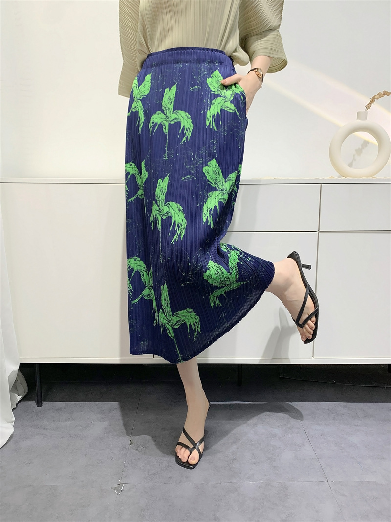 夏季褶皱印花半身裙女百搭显瘦KK褶休闲休闲高腰百褶裙子