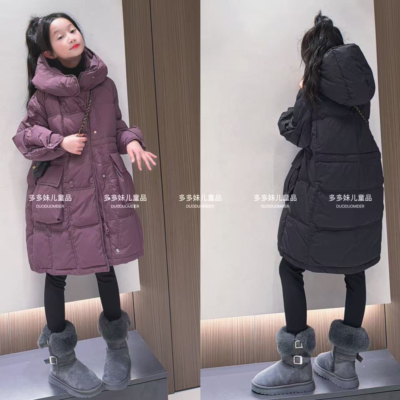 儿童羽绒服加厚中长款2025冬季新款双排扣连帽中大童女童洋气外套