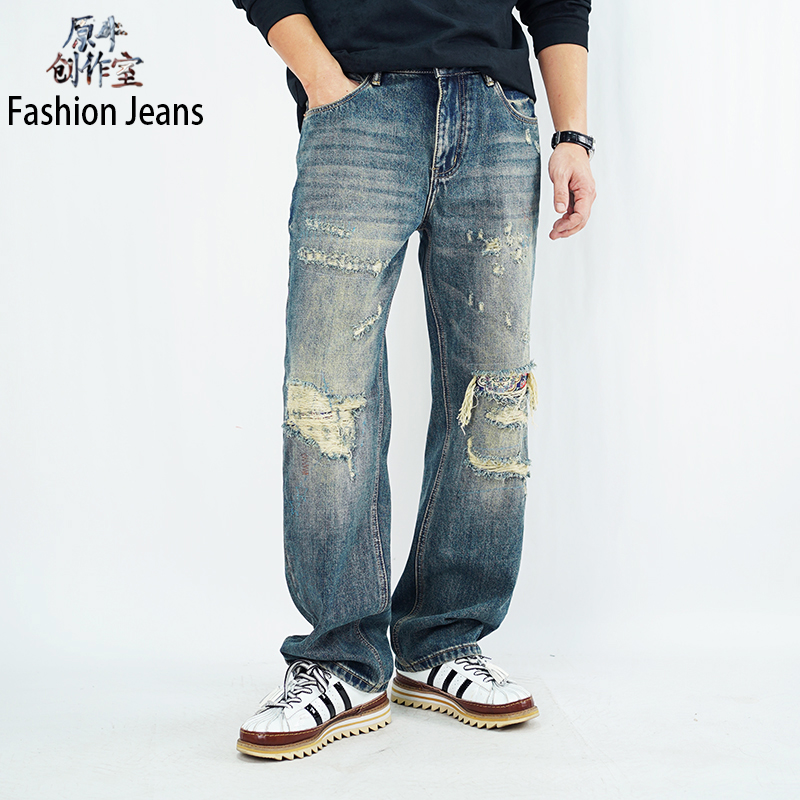 新款美式破洞牛仔裤男潮牌宽松直筒裤补丁街头痞帅复古水洗男款