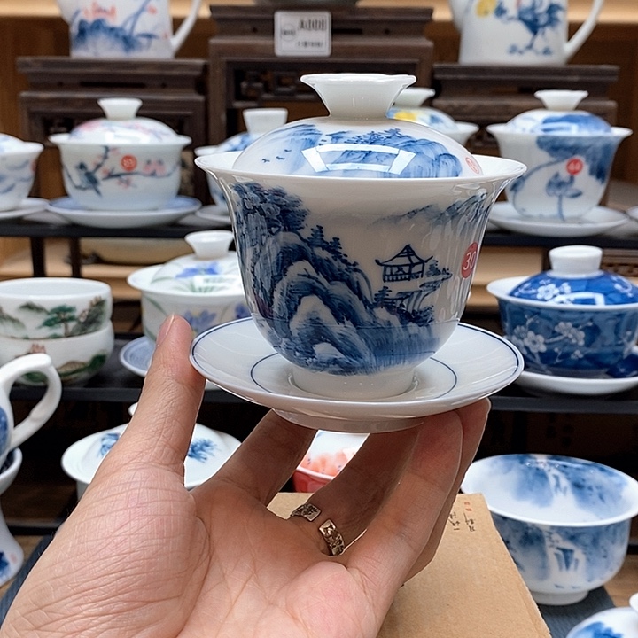 纯手绘高山流水盖碗160cc釉下彩微瑕福利款