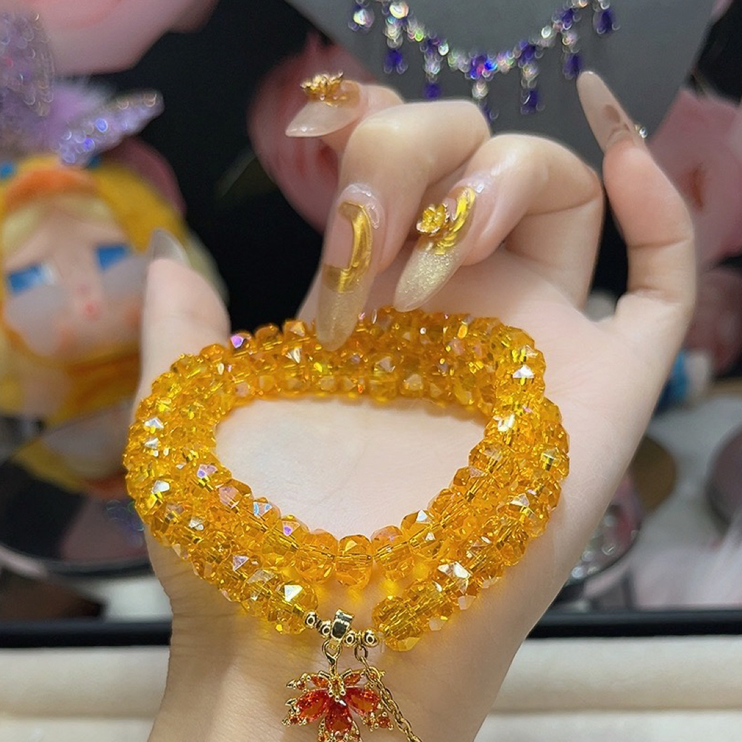 钛钢莫桑石手链 557超闪金黄色双圈枫叶黄水枫叶手链