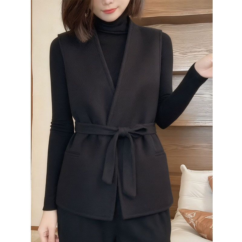 毛呢马甲女短款外套秋季款系带修身无袖坎肩背心纯色毛呢外套