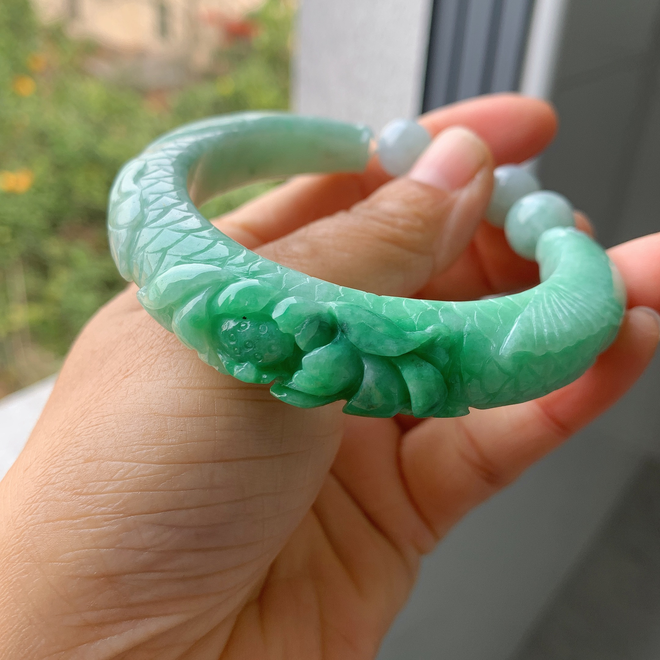 翡翠A货辣阳绿开口鱼镯57.4-12.6-10.9绿色时尚百搭